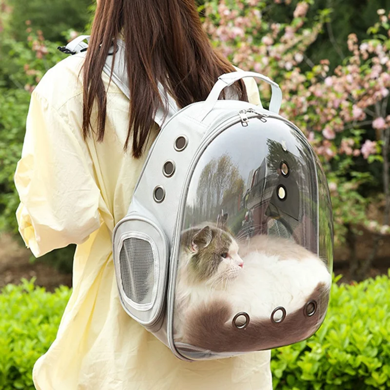 Mochila Transportadora para Gatos em Tecido Oxford Mochila Transparente para Animais de Estimação com 9 Orifícios de Ventilação Mochila de Ombro Duplo Respirável - Verde