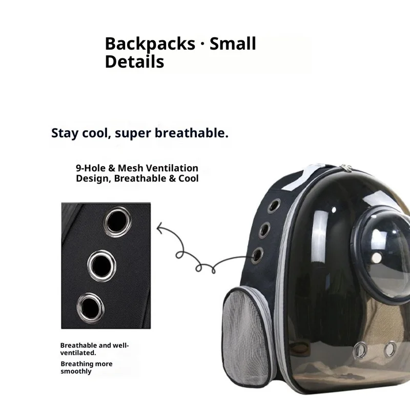 Oxford Cloth Transparent Cat Carrier Handheld Backpack Pet Bag with 9 Vent Holes and Ergonomic Shoulder Straps - Transparent Case  /  Black
