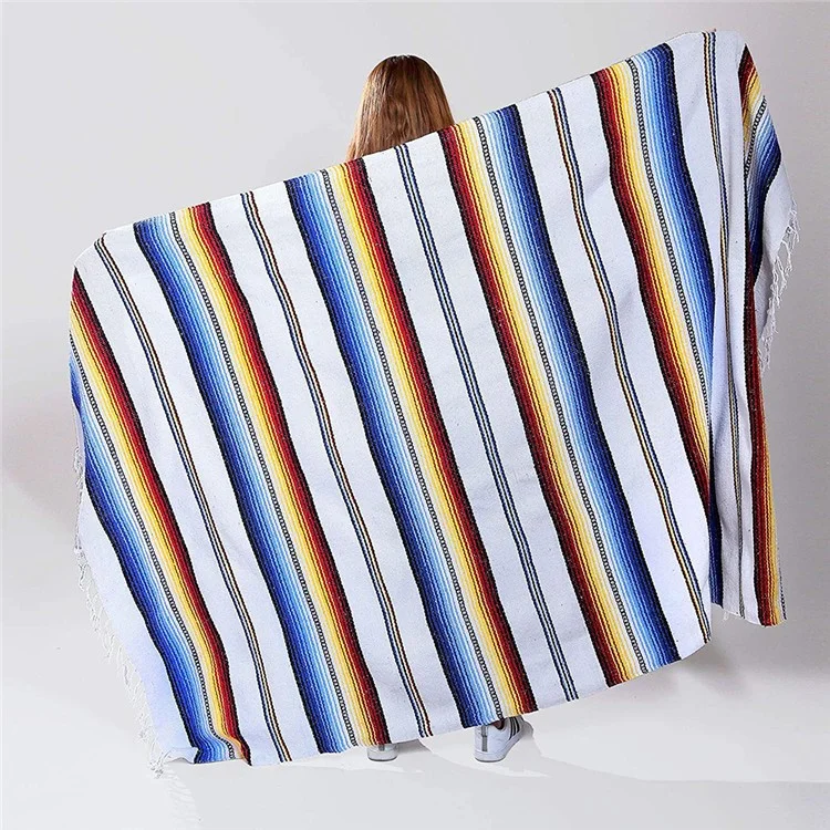 150 x 215cm Couverture Mexicaine Tissée à la Main Pour Yoga Camping Randonnée à la Main Couverture de Plage Authentique Tenture de Chevet de Serape - Blanche