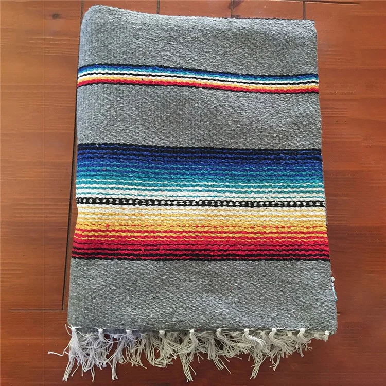 150 x 215cm Handwoven Mexican Blanket for Yoga Camping Hiking Handcrafted Beach Blanket Authentic Serape Bedside Blanket Picnic Mat - Light Grey