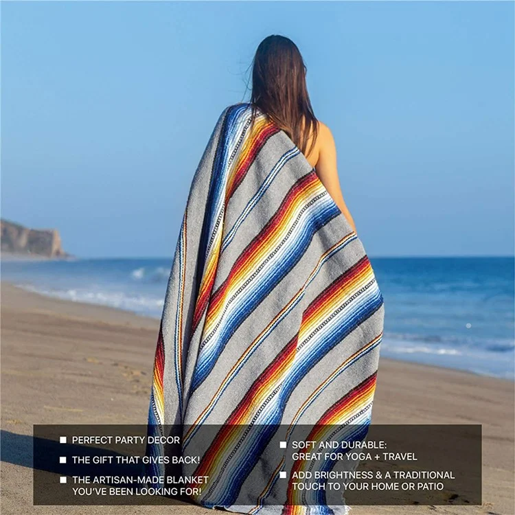 150 x 215cm Handwoven Mexican Blanket for Yoga Camping Hiking Handcrafted Beach Blanket Authentic Serape Bedside Blanket Picnic Mat - Light Grey