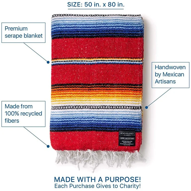 150 x 215cm Handwoven Mexican Blanket for Yoga Camping Hiking Handcrafted Beach Blanket Authentic Serape Bedside Blanket Picnic Mat - Light Grey