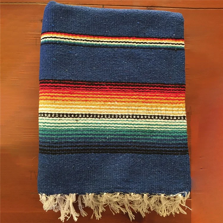 150 x 215cm Handwoven Mexican Blanket for Yoga Camping Hiking Handcrafted Beach Blanket Authentic Serape Bedside Blanket Picnic Mat - Navy Blue