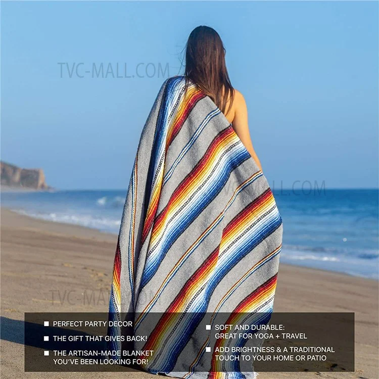 150 x 215cm Handwoven Mexican Blanket for Yoga Camping Hiking Handcrafted Beach Blanket Authentic Serape Bedside Blanket Picnic Mat - Navy Blue