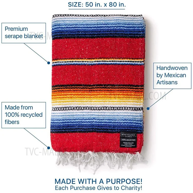 150 x 215cm Handwoven Mexican Blanket for Yoga Camping Hiking Handcrafted Beach Blanket Authentic Serape Bedside Blanket Picnic Mat - Navy Blue