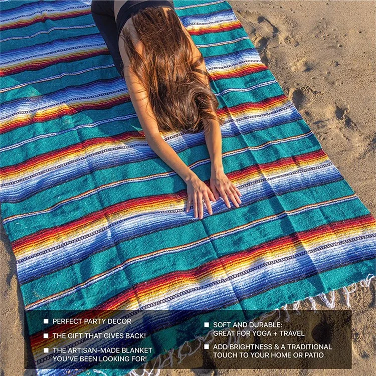 150 x 215cm Handwoven Mexican Blanket for Yoga Camping Hiking Handcrafted Beach Blanket Authentic Serape Bedside Blanket Picnic Mat - Navy Blue