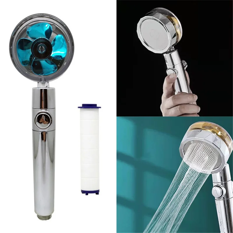 High-Pressure Shower Head Handheld Turbo Fan 360-degree Spinning Water Saving Hydro Jet Shower Head with Filter - Blue