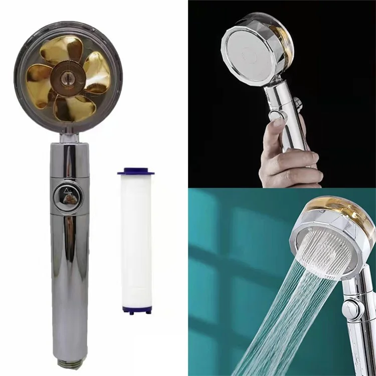 High-Pressure Shower Head Handheld Turbo Fan 360-degree Spinning Water Saving Hydro Jet Shower Head with Filter - Gold