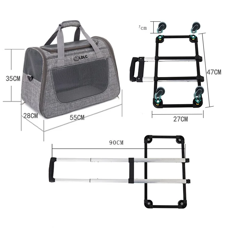LDLC QS-008-L Pet Stroller Breathable Detachable Large Capacity Cat Dog Carrier 4-Wheels Luggage Rod Stroller, Taglia XL - Grigio chiaro