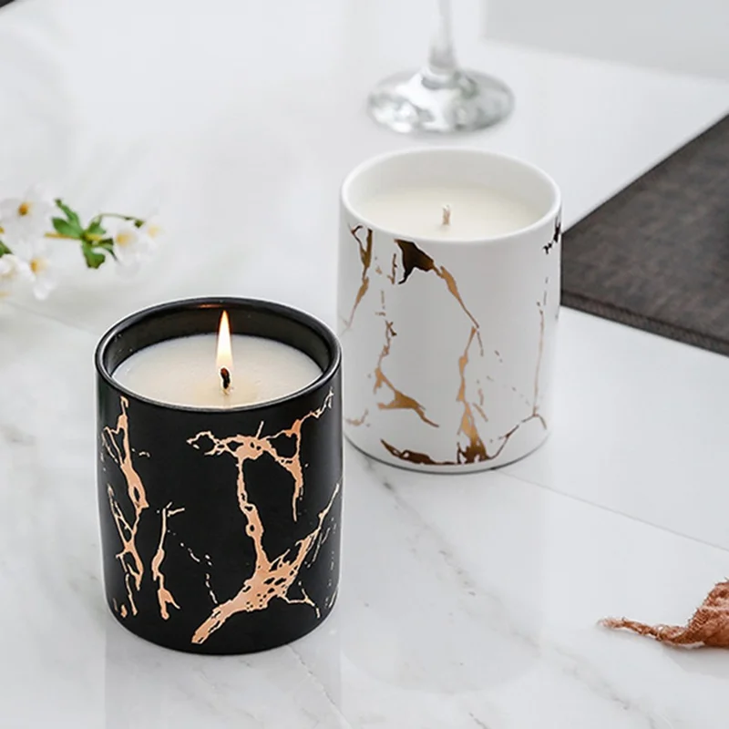 XY-2933 Scented Candle Gold Marble Pattern Nordic Style Ceramic Bottle Jar Candle Aromatherapy Home Decoration - Blackberry /  Laurus