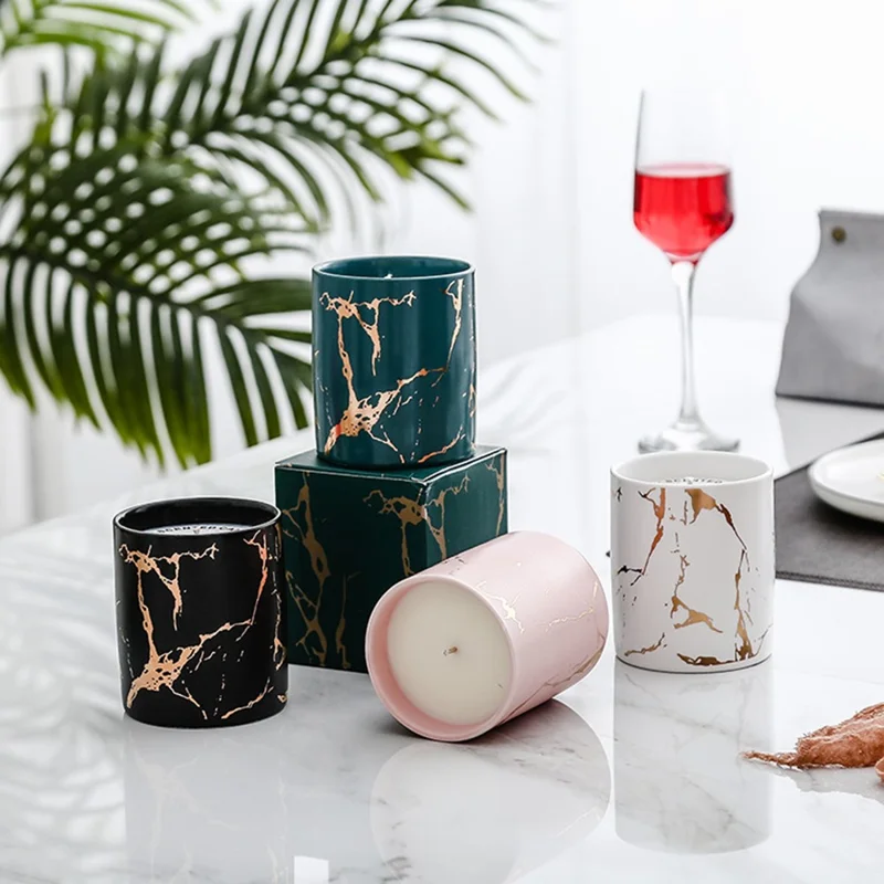 XY-2933 Scented Candle Gold Marble Pattern Nordic Style Ceramic Bottle Jar Candle Aromatherapy Home Decoration - Blackberry /  Laurus