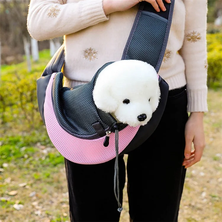 JM0809183 Pet Sling Carrier Adjustable Shoulder Strap Dog Puppy Hands-Free Mesh Bag for Outdoor Travel, Size S - Red