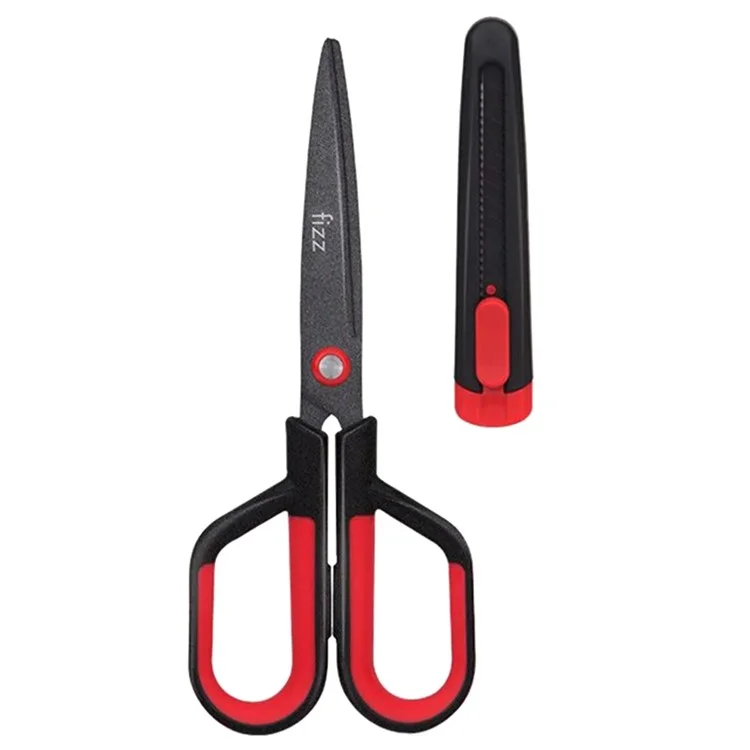 FIZZ FZ21210 2-in-1 tragbarer Edelstahl Multi-funktionaler Nicht-haftender Box-Cutter-Scherenset - Rot