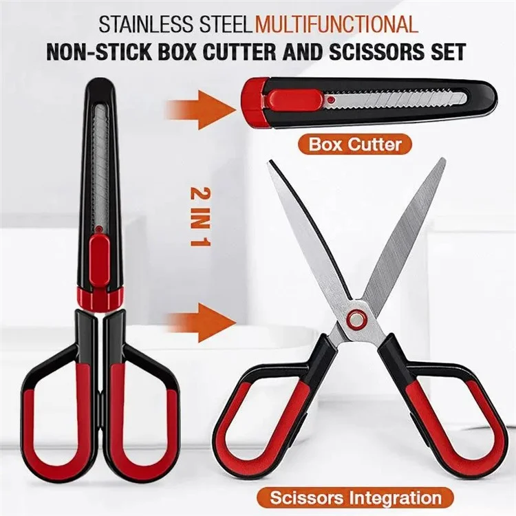 FIZZ FZ21210 2-in-1 tragbarer Edelstahl Multi-funktionaler Nicht-haftender Box-Cutter-Scherenset - Rot