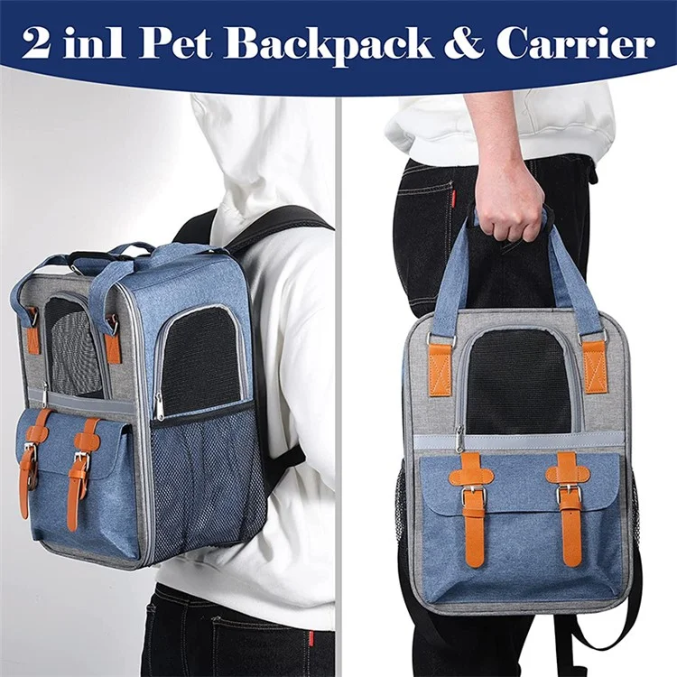 Mochila Transportadora de Cão de Grande Porte PVC + Tecido Oxford Mochila Transportadora de Gato com Alças Respirável Mesh - Azul