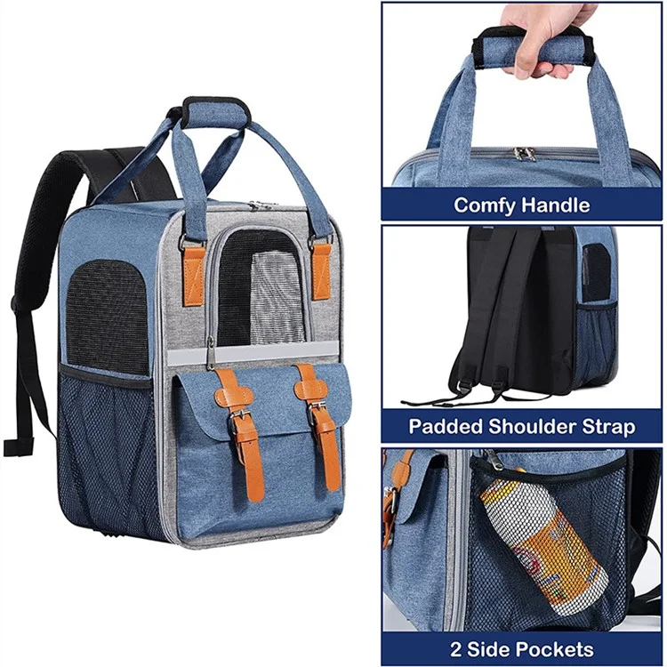 Mochila Transportadora de Cão de Grande Porte PVC + Tecido Oxford Mochila Transportadora de Gato com Alças Respirável Mesh - Azul