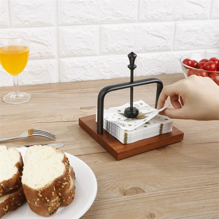 Napkin Holder Wood Square Tabletop Napkin Dispenser with Metal Cocktail for Restaurant, Hotel, Cafe - Black