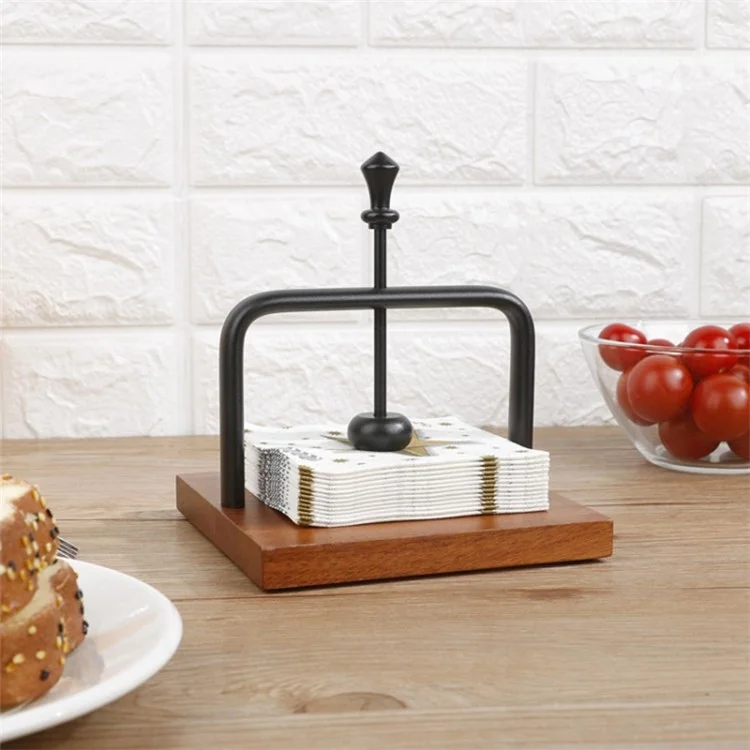 Napkin Holder Wood Square Tabletop Napkin Dispenser with Metal Cocktail for Restaurant, Hotel, Cafe - Black