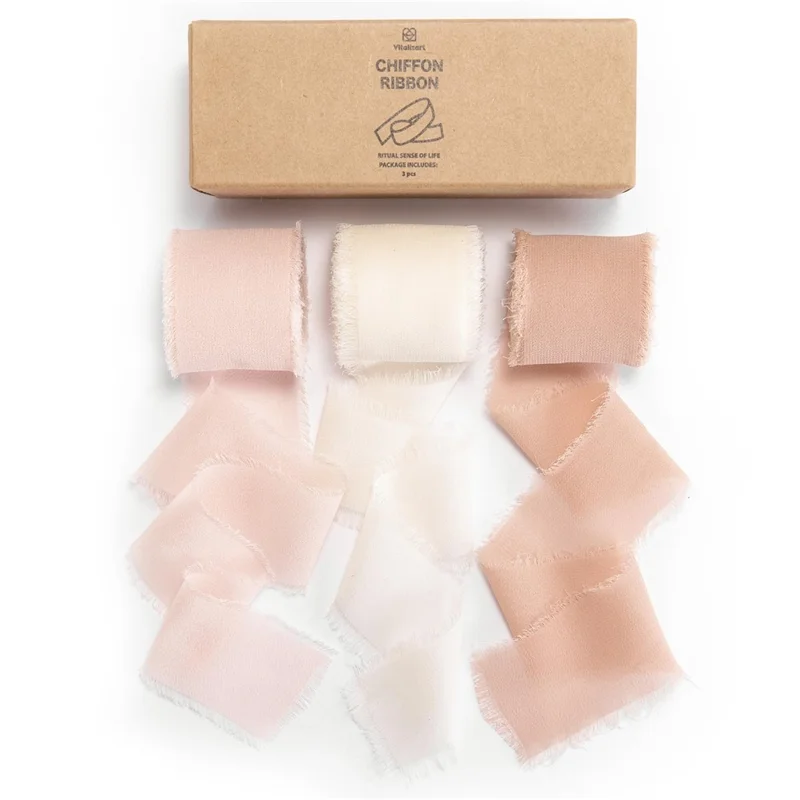 3 Rolls Handmade Frayed Edged Chiffon Ribbon for Wedding Invitation Wrapping Bouquets Decor - Style A