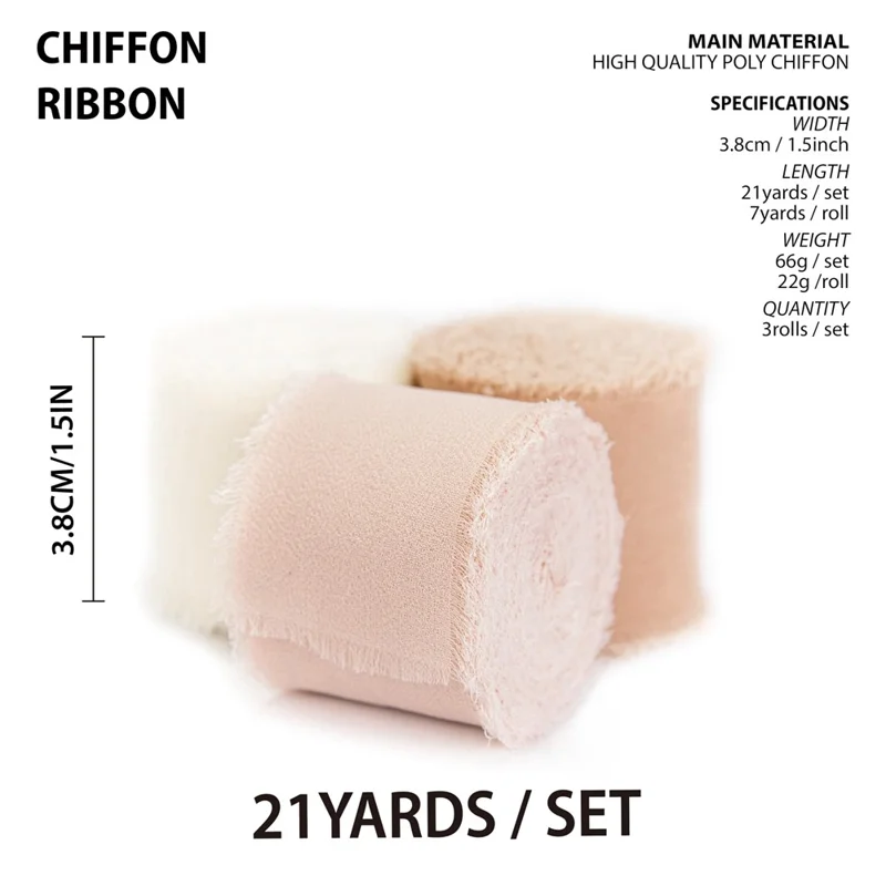 3 Rolls Handmade Frayed Edged Chiffon Ribbon for Wedding Invitation Wrapping Bouquets Decor - Style A