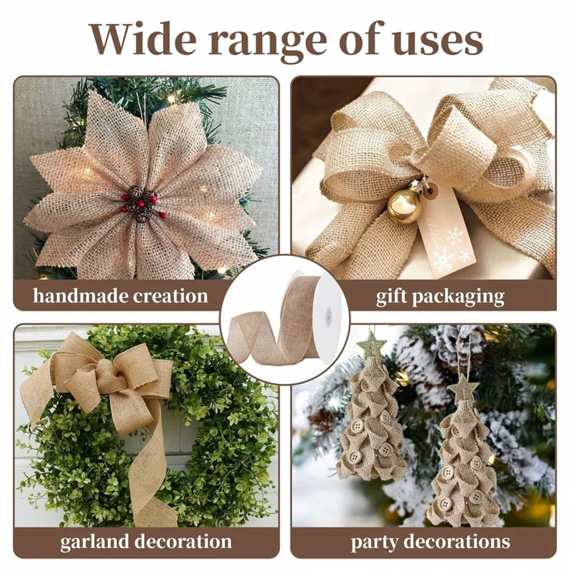 25mm Width Artificial Burlap Ribbon with Wired Edge Christmas Gift Packing DIY Crafts Wrapping Material