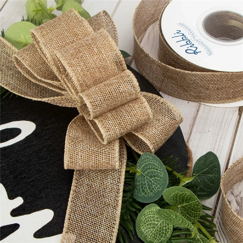 25mm Width Artificial Burlap Ribbon with Wired Edge Christmas Gift Packing DIY Crafts Wrapping Material