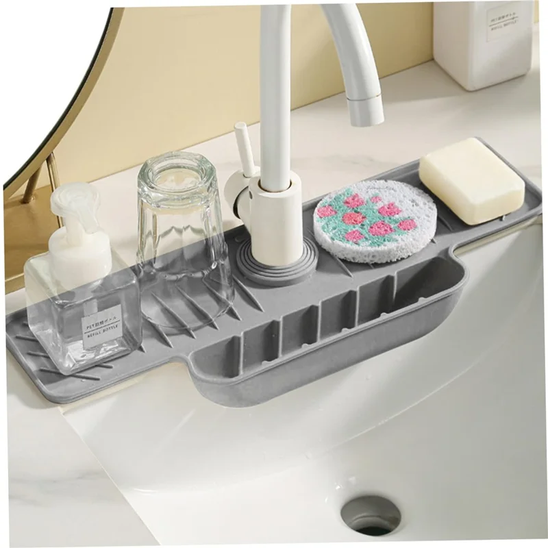 Silicone Faucet Splash Guard Mat Faucet Sink Drying Mat Dish Sponge Holder for Home Kitchen - Grey
