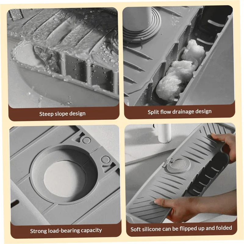 Silicone Faucet Splash Guard Mat Faucet Sink Drying Mat Dish Sponge Holder for Home Kitchen - Grey