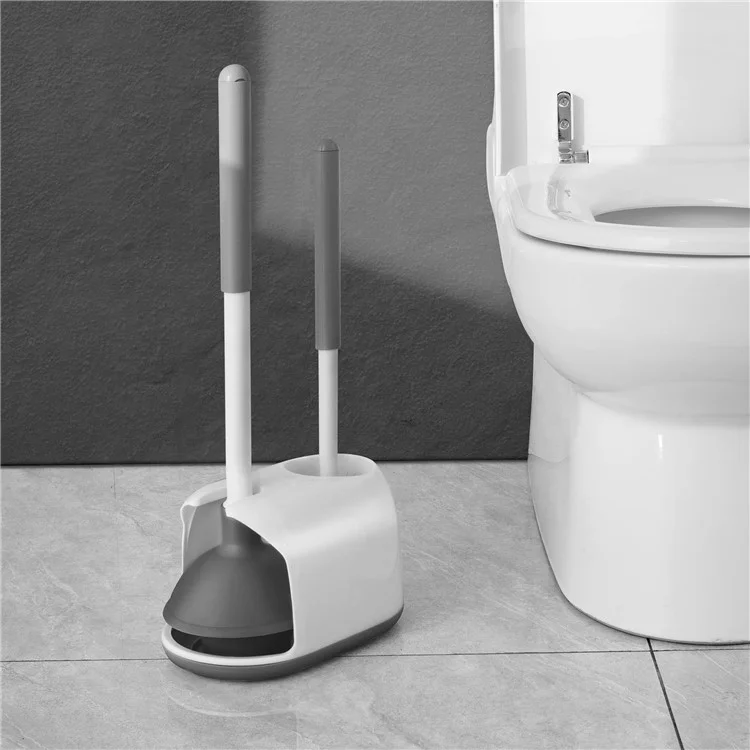 Long Handle Toilet Cleaner Brush Plunger Bathroom Cleaning Tool with Holder Base Set