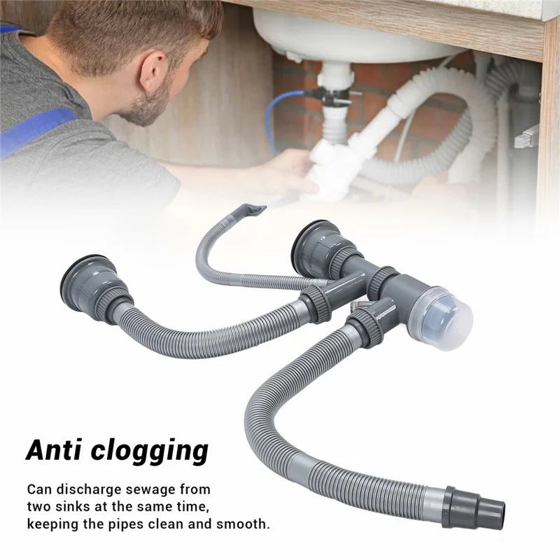 Double Kitchen Sinks Drain Kit Flexible Sink Drain Pipe with Anti-Odor Sealing