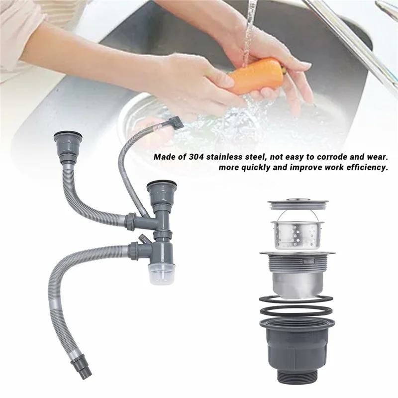 Double Kitchen Sinks Drain Kit Flexible Sink Drain Pipe with Anti-Odor Sealing