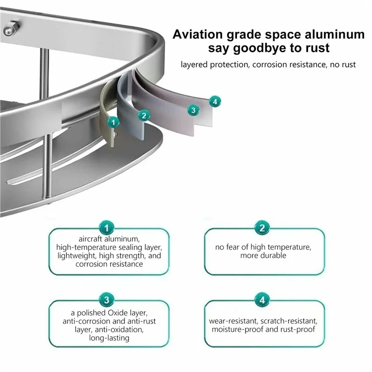Mensola d'angolo per bagno in alluminio spaziale, montata a parete con adesivo, scaffale di stoccaggio triangolare per doccia - Argento