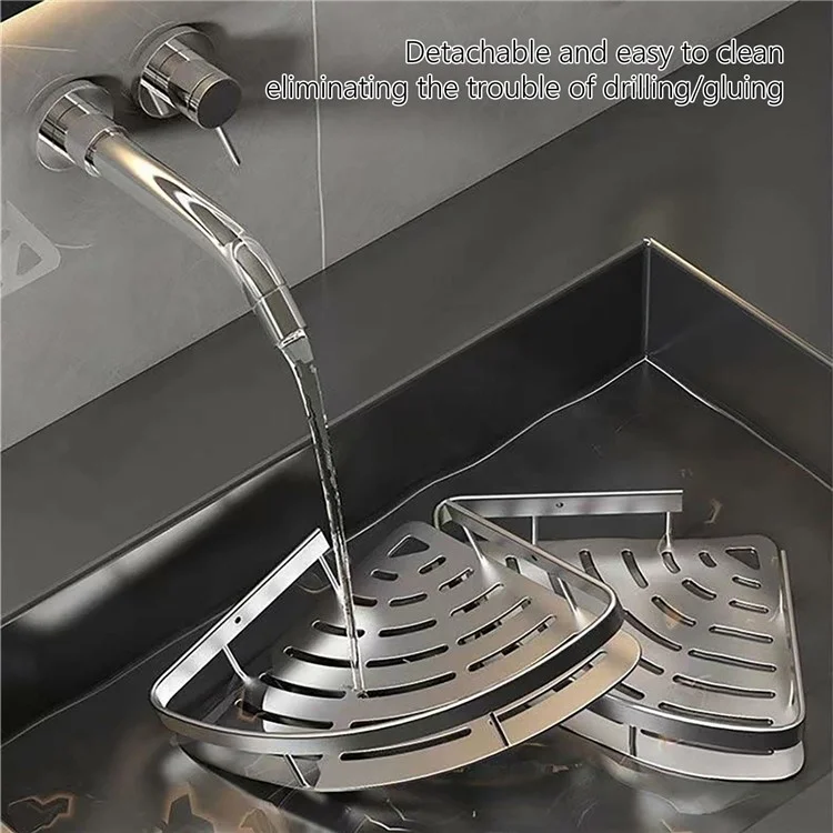 Mensola d'angolo per bagno in alluminio spaziale, montata a parete con adesivo, scaffale di stoccaggio triangolare per doccia - Argento