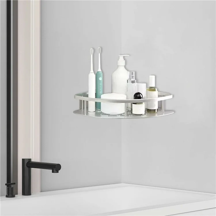 Mensola d'angolo per bagno in alluminio spaziale, montata a parete con adesivo, scaffale di stoccaggio triangolare per doccia - Argento