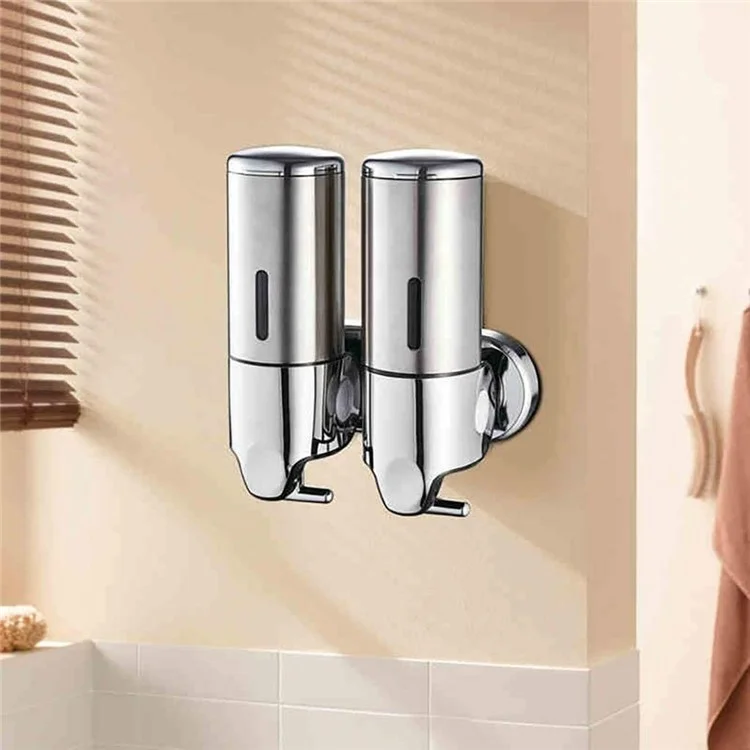 1000ml Edelstahl Doppelkopf Seifenspender Manuell Druckbar Shampoo Duschgel Seifenbehälter