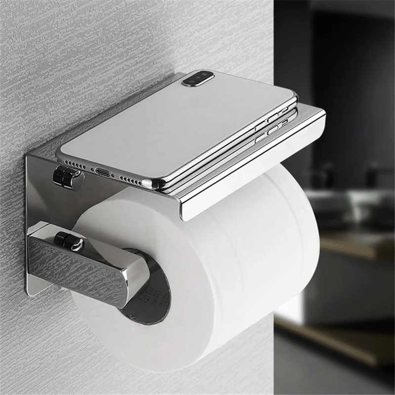 K56 304 Stainless Steel Toilet Paper Holder with Phone Shelf Roll Paper Dispenser Multipurpose Tissue Stand