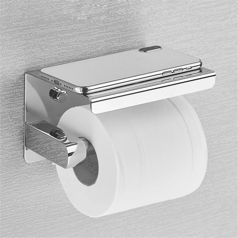 K56 304 Stainless Steel Toilet Paper Holder with Phone Shelf Roll Paper Dispenser Multipurpose Tissue Stand
