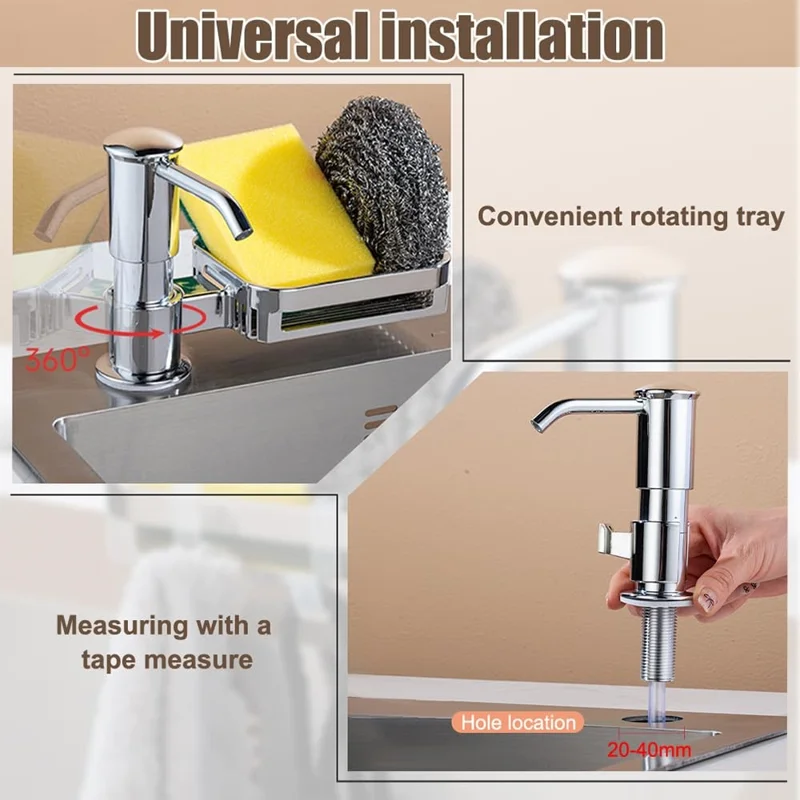 Dispensador de Jabón Líquido para Fregadero con Soporte para Esponja y Estante de Drenaje - Giratorio 360 Grados - Negro