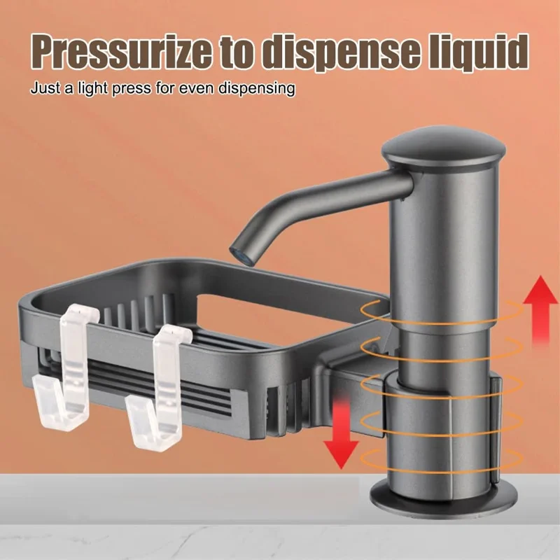 Kitchen Sink Dishwashing Liquid Dispenser Sponge Holder Drain Shelf 360 Degree Rotatable Dish Soap Dispenser - Grey
