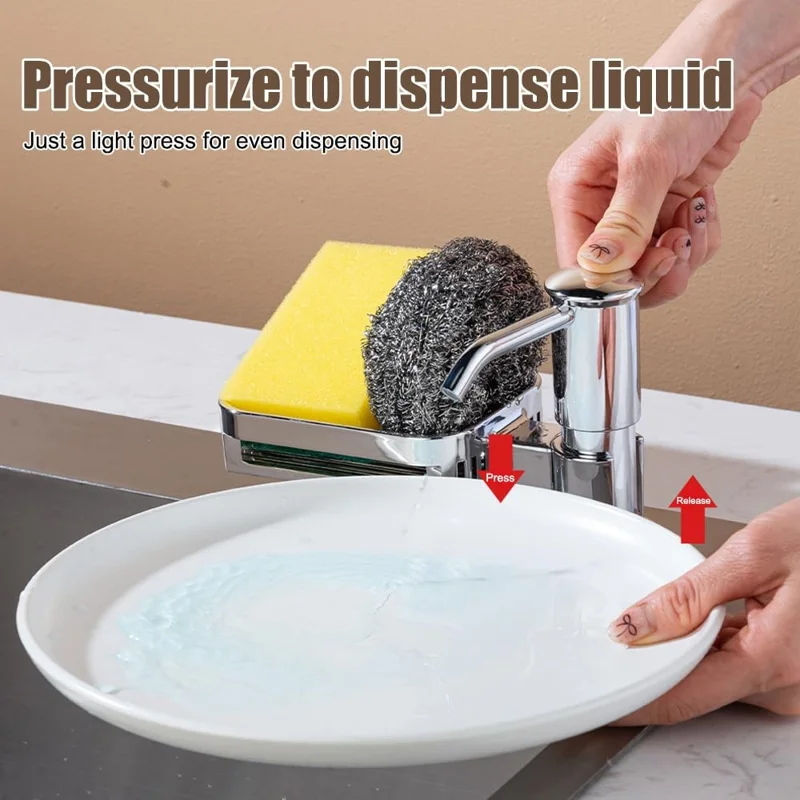 Kitchen Sink Dishwashing Liquid Dispenser Sponge Holder Drain Shelf 360 Degree Rotatable Dish Soap Dispenser - Grey