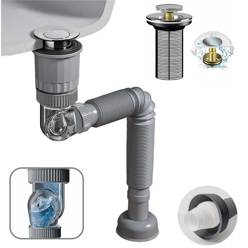Kit de Tubulação de Ralo com Sifão Flexível Anti-Odor para Banheiro / Pia de Cozinha