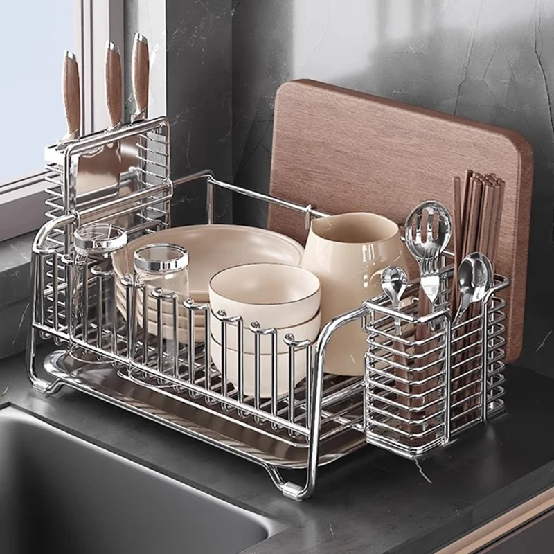 304 Stainless Steel Dish Drying Rack Bowls Plates Cups Cutlery Kitchen Storage Organizer, 36x25.5cm