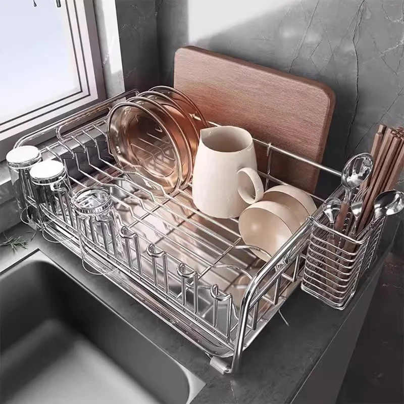 304 Stainless Steel Dish Drying Rack Bowls Plates Cups Cutlery Kitchen Storage Organizer, 46x20cm