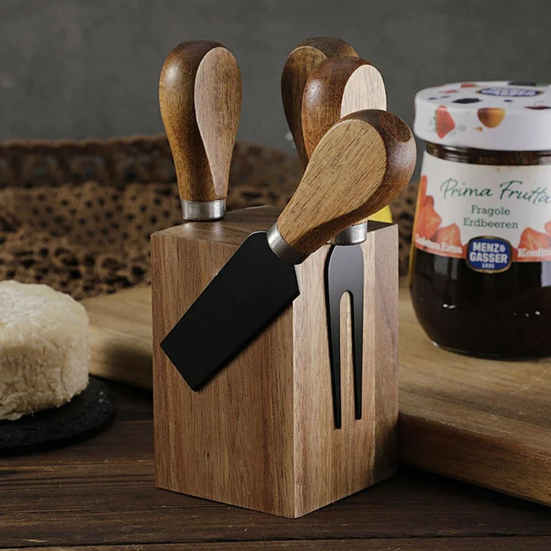 5Pcs Cheese Kitchen Knife Set 420 Stainless Steel Acacia Wood Handle Cutting Tool Kit with Magnetic Stand - QS01A35 / Silver