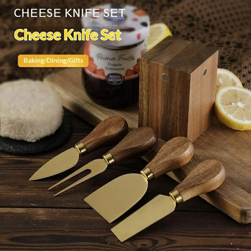 5Pcs Cheese Kitchen Knife Set 420 Stainless Steel Acacia Wood Handle Cutting Tool Kit with Magnetic Stand - QS01A35 / Silver