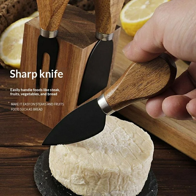 5Pcs Cheese Kitchen Knife Set 420 Stainless Steel Acacia Wood Handle Cutting Tool Kit with Magnetic Stand - QS01A35 / Silver