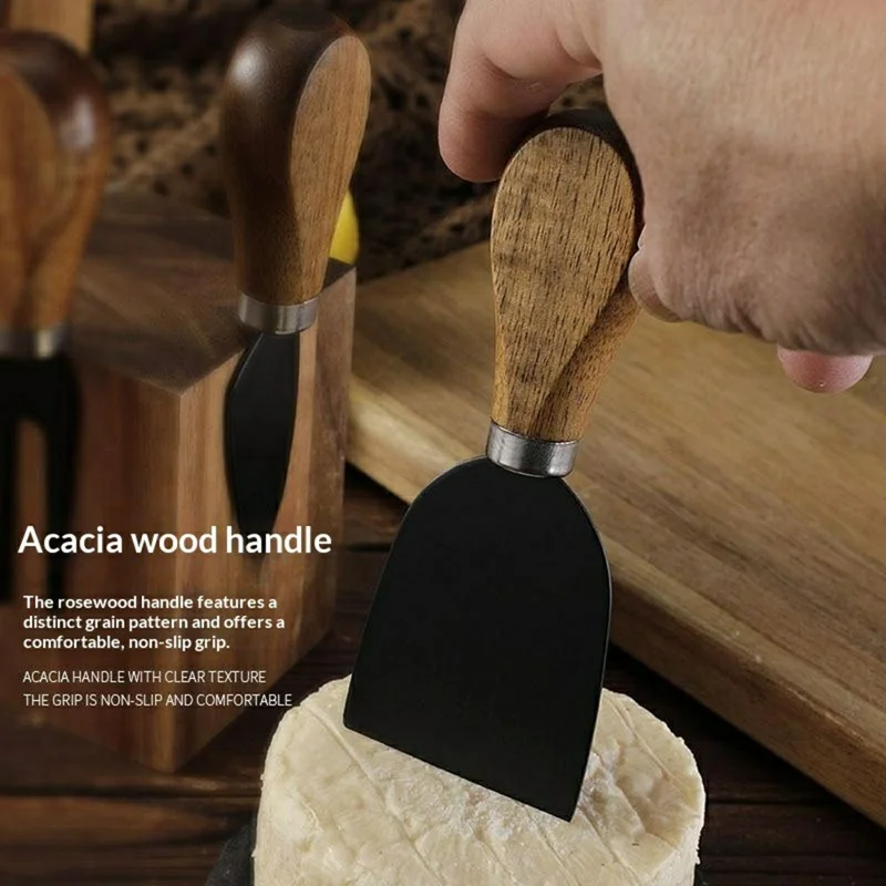 5Pcs Cheese Kitchen Knife Set 420 Stainless Steel Acacia Wood Handle Cutting Tool Kit with Magnetic Stand - QS01A35 / Silver
