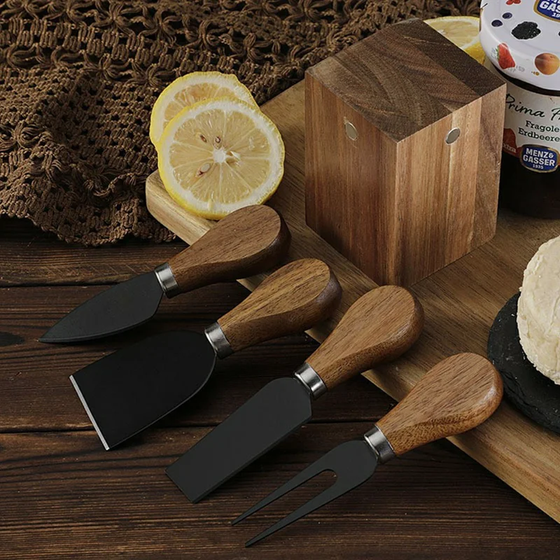 5Pcs Cheese Kitchen Knife Set 420 Stainless Steel Acacia Wood Handle Cutting Tool Kit with Magnetic Stand - QS01A35 / Silver