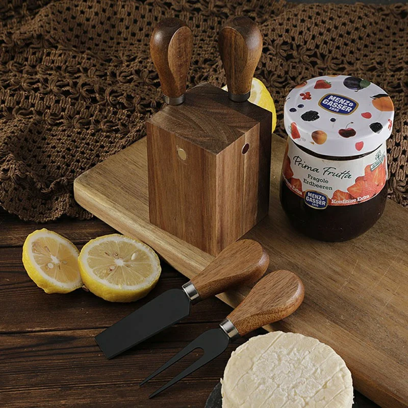 5Pcs Cheese Kitchen Knife Set 420 Stainless Steel Acacia Wood Handle Cutting Tool Kit with Magnetic Stand - QS01A35 / Silver