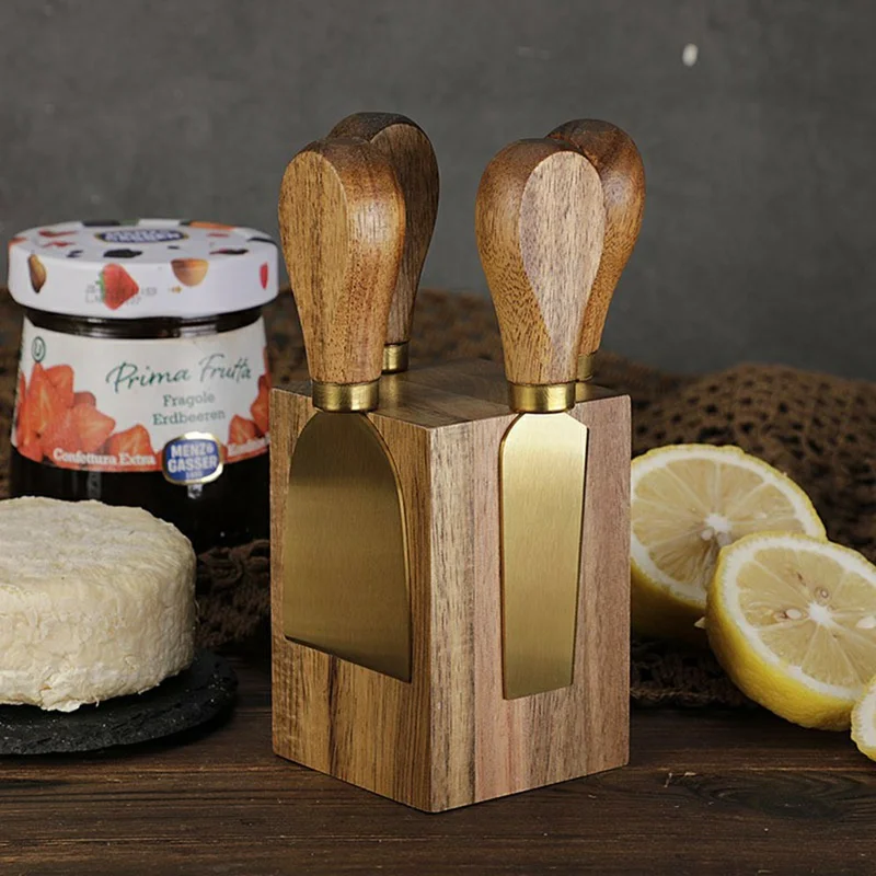 5Pcs Cheese Kitchen Knife Set 420 Stainless Steel Acacia Wood Handle Cutting Tool Kit with Magnetic Stand - QS01A35 / Silver